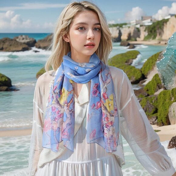 Women's Blue-flower Fashion Lightweight Head Scarf Floral Print Chiffon Scarves - Picture 5 of 6